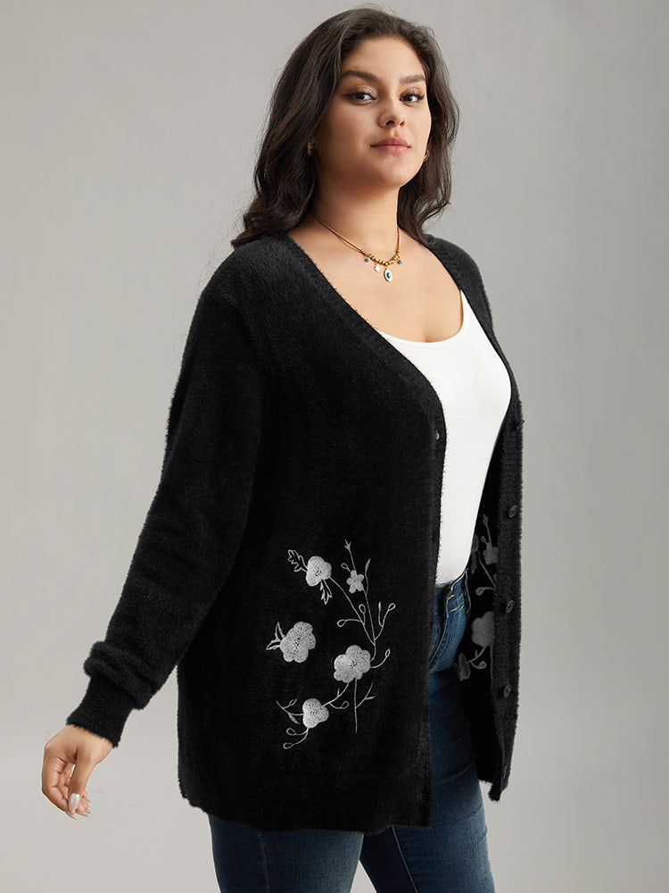 Floral Embroidered Fuzzy Open Front Cardigan