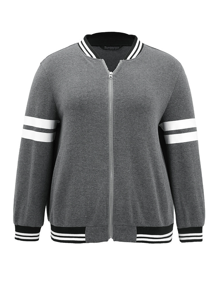 Striped Patchwork Contrast Pocket Zipper Bomber Jacket