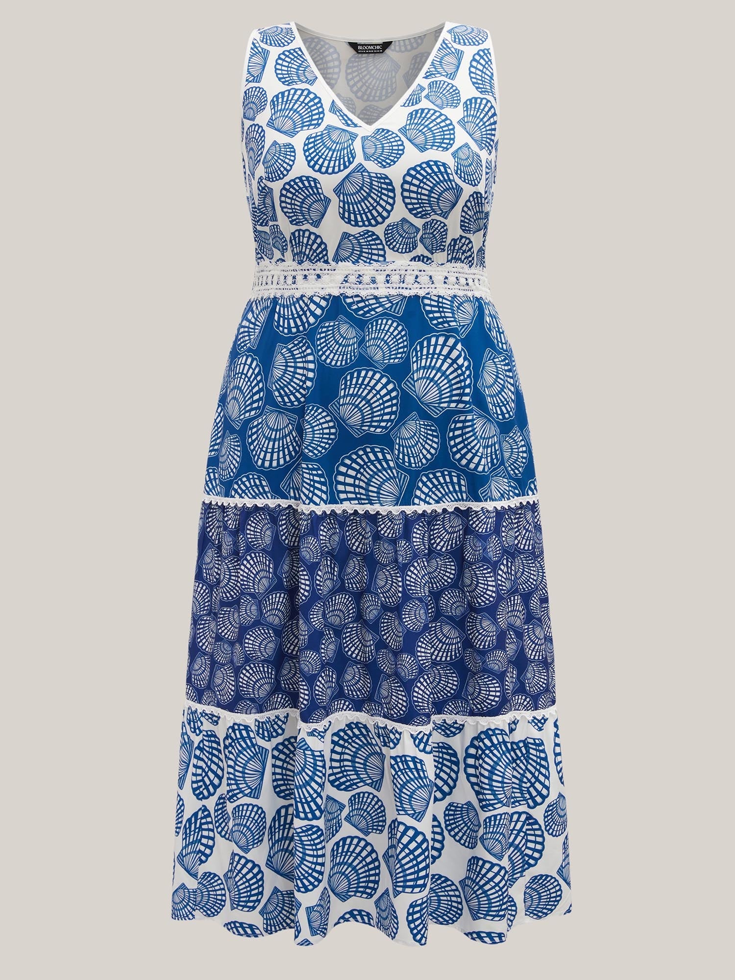 Shell Print Lace Trim Pockets Maxi Dress