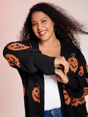 Haunted Pumpkin Print Curvy Hem Knit Cardigan