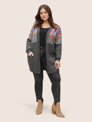 Boho Contrast Jacquard Patched Pocket Cardigan