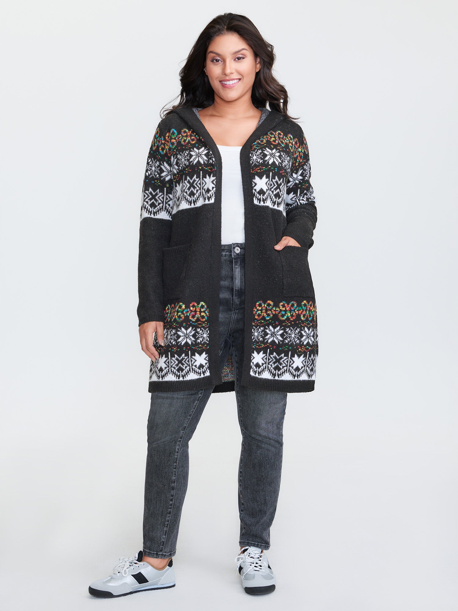 Boho Print Jacquard Hooded Knit Cardigan