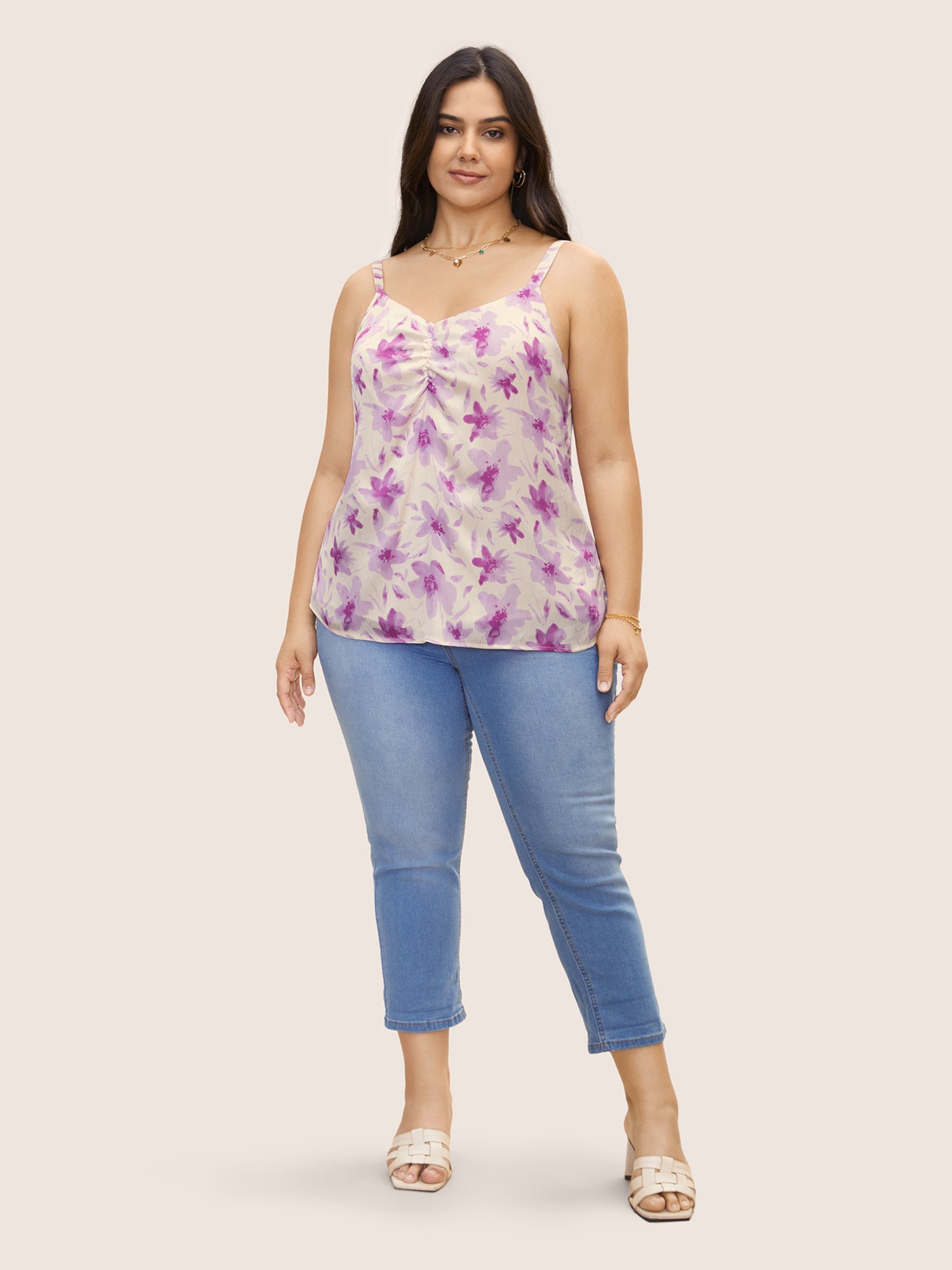 Floral Print Ruched Split Hem Cami Top