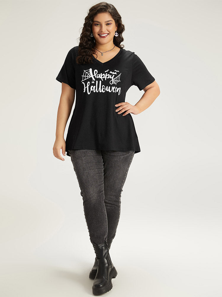 Halloween Letter Print V Neck T-shirt