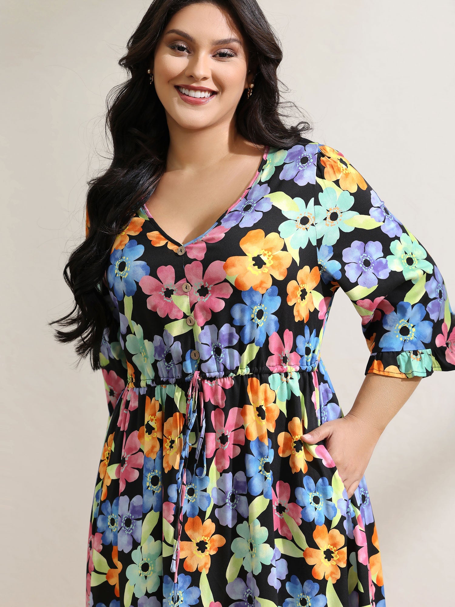 Floral Print Ruffled Drawstring Pockets Midi Dress