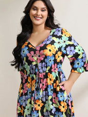 Floral Print Ruffled Drawstring Pockets Midi Dress