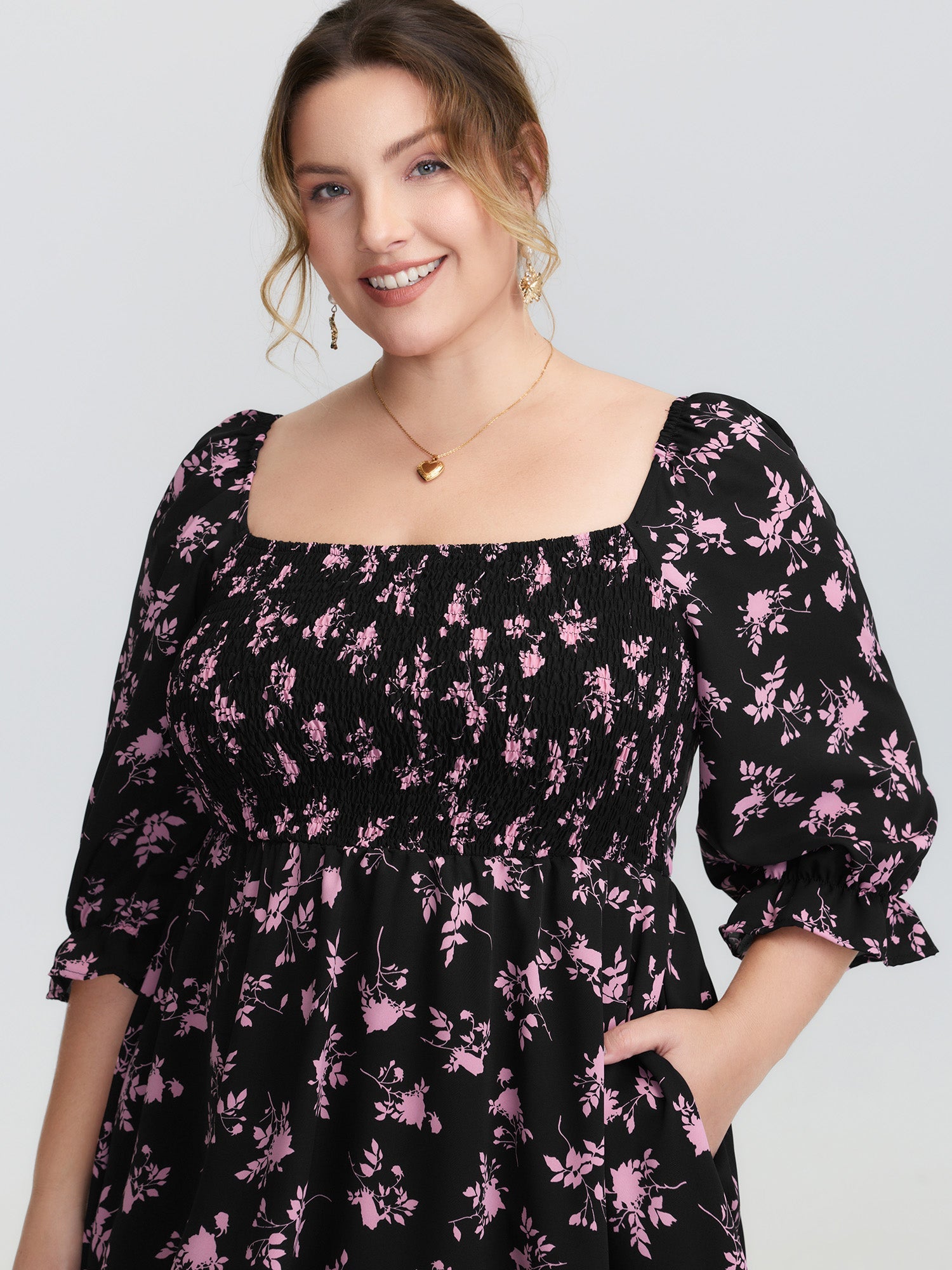 Silhouette Flower Print Shirred Stretchy Waist Midi Dress