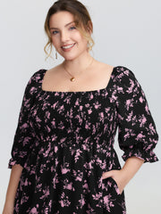 Silhouette Flower Print Shirred Stretchy Waist Midi Dress