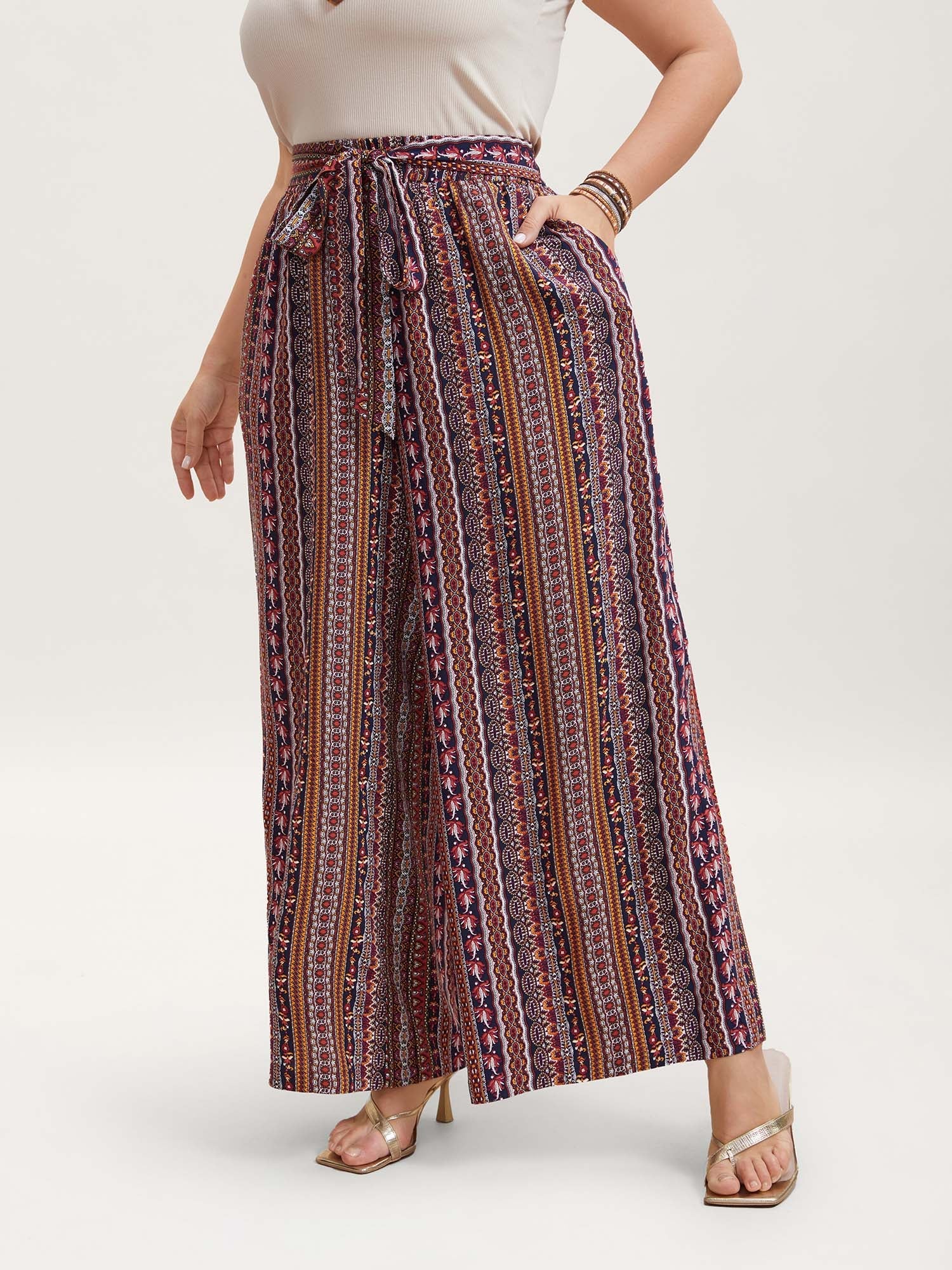 Boho Print Belted Flared Pants