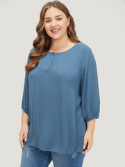 Plain Button Up Gathered Lantern Sleeve Blouse