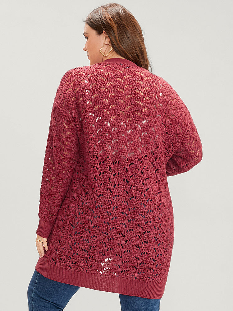 Plain Pointelle Knit Cut Out Pocket Open Front Mid Long Cardigan