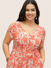 Silhouette Floral Print Lace Trim Petal Sleeve Dress