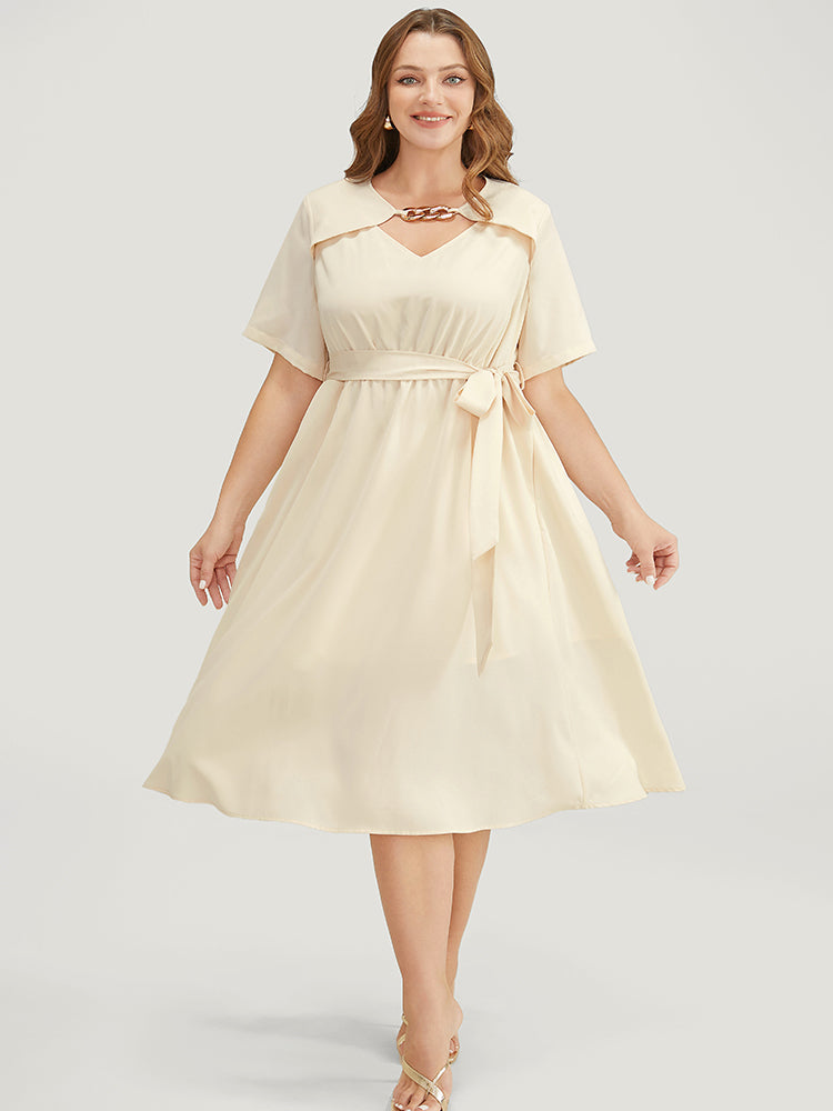 Solid Chain Detail Cut Out Pocket Belted Flutter Dress