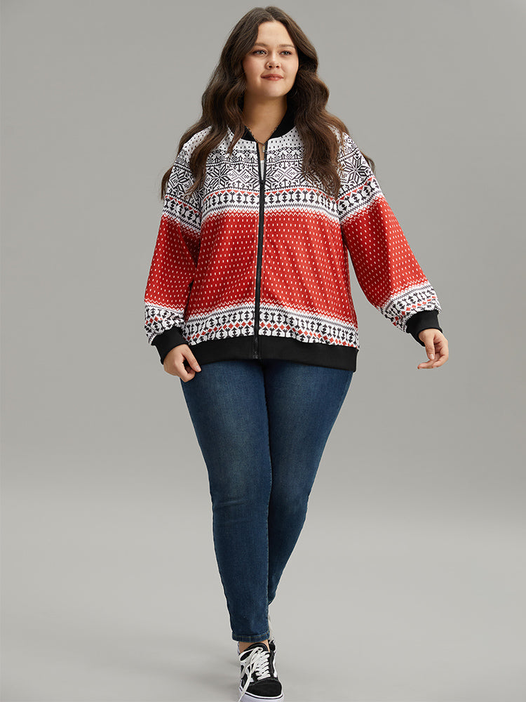 Christmas Patchwork Zipper Contrast Jacket