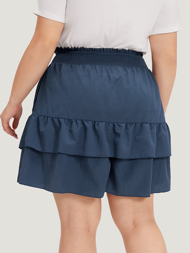 Solid Paperbag Waist Shirred Layered Hem Shorts