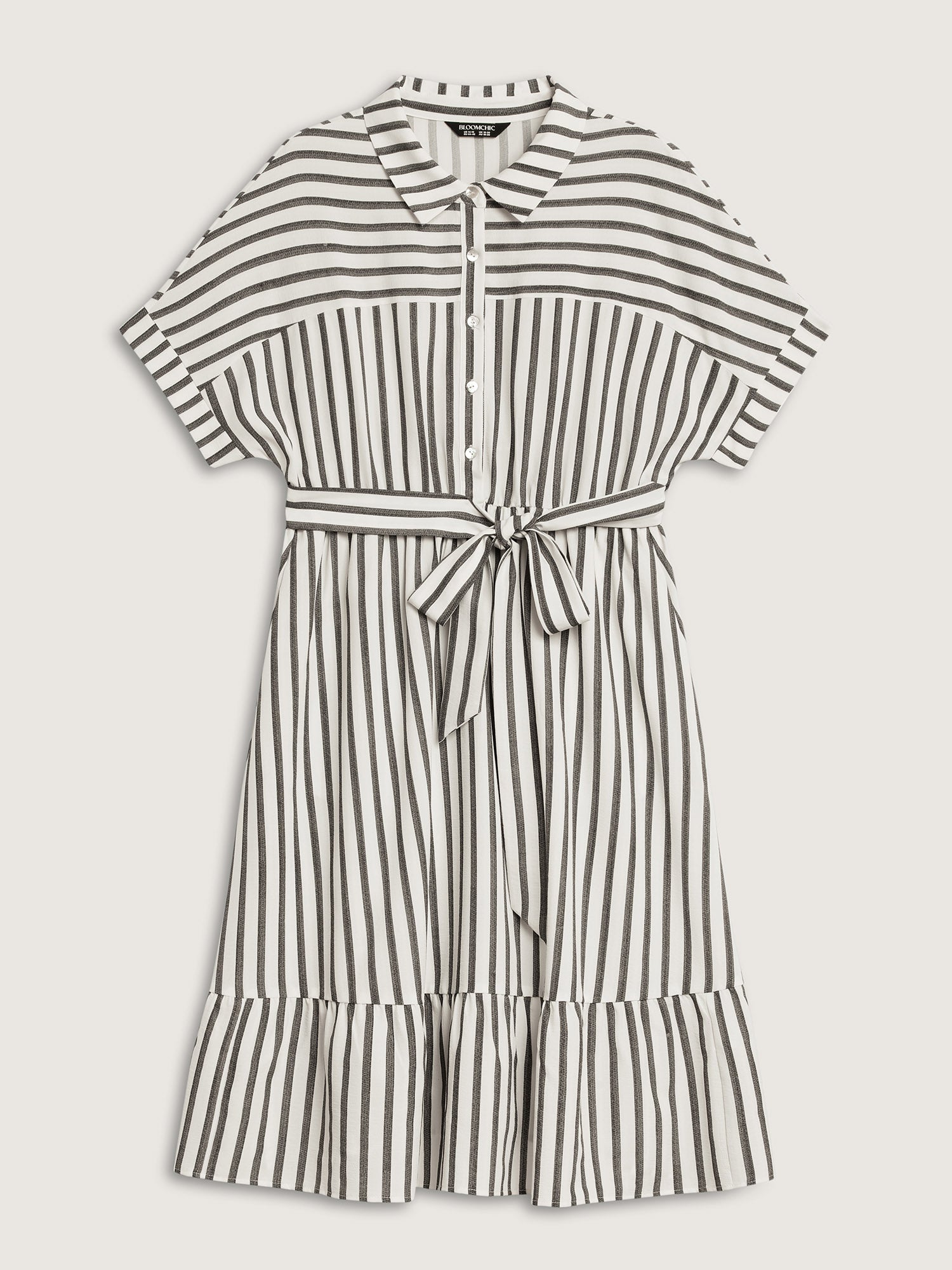 Striped Belted Cinched Button Placket Midi Dress
