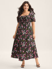 Shirred Floral Print Pockets Maxi Dress