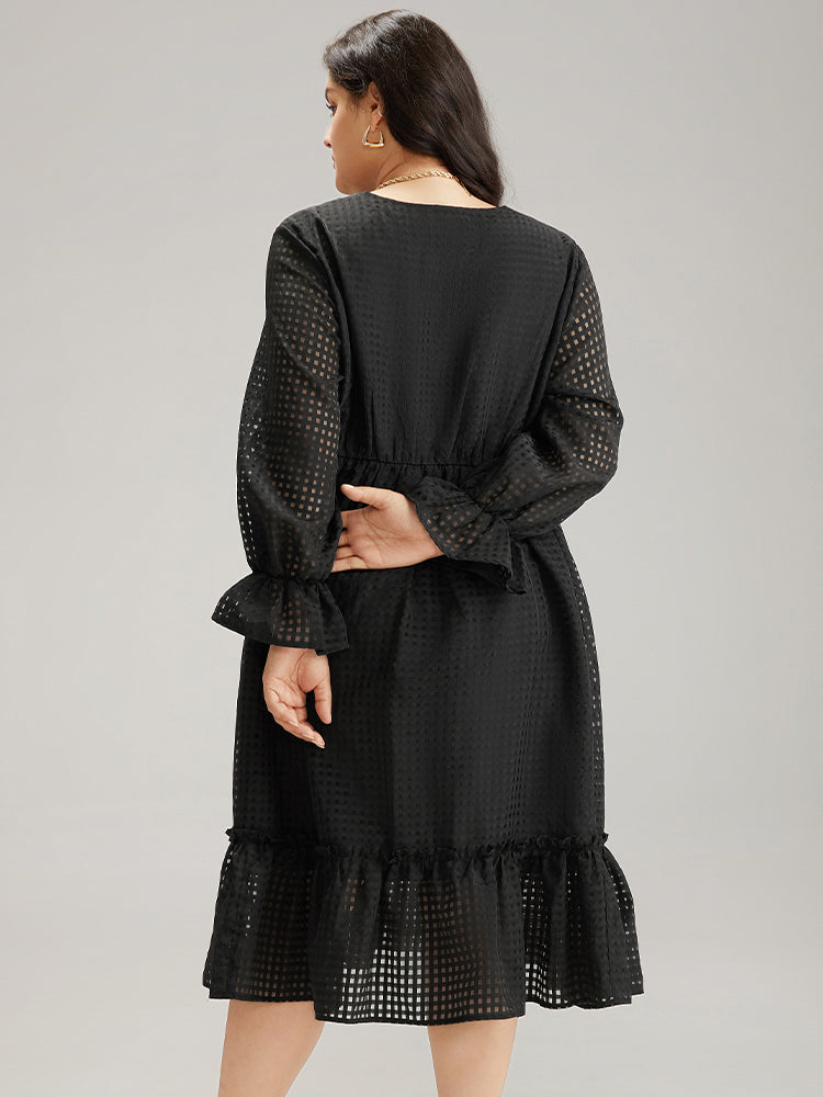 Solid Pocket Mesh Frill Trim Dress