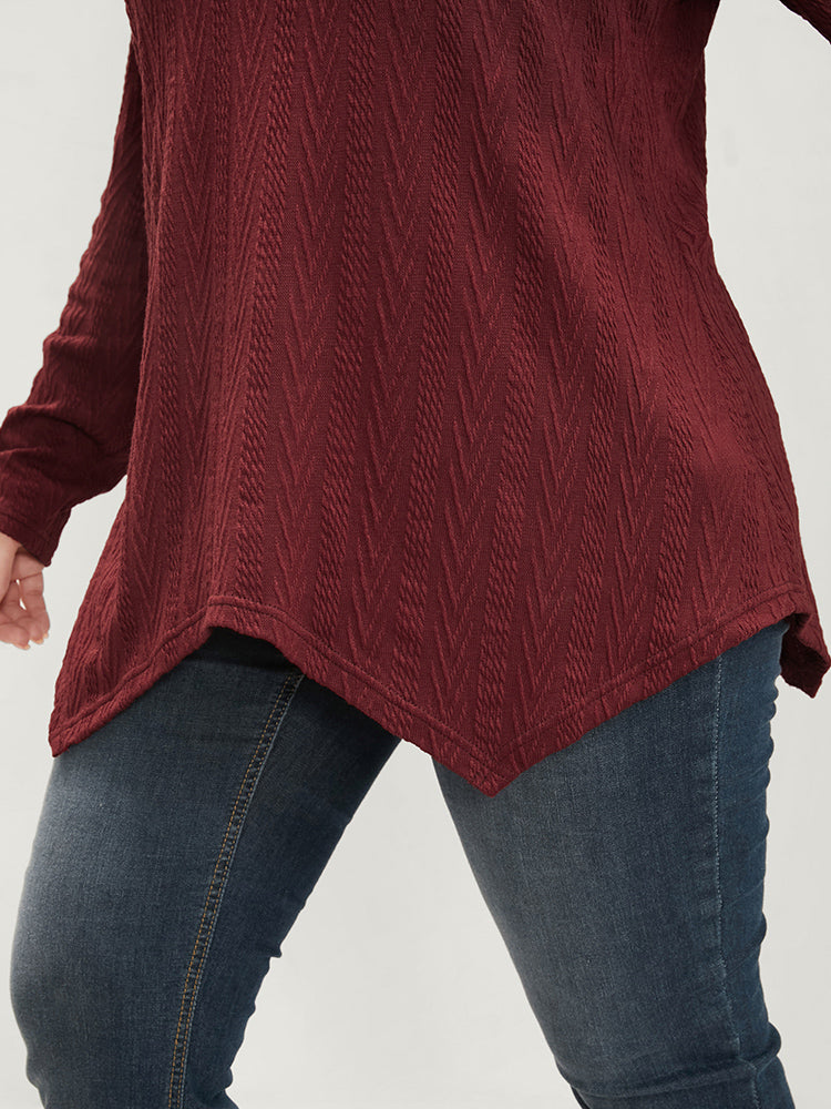 Solid V Neck Lace Trim Asymmetrical Hem Long Tee