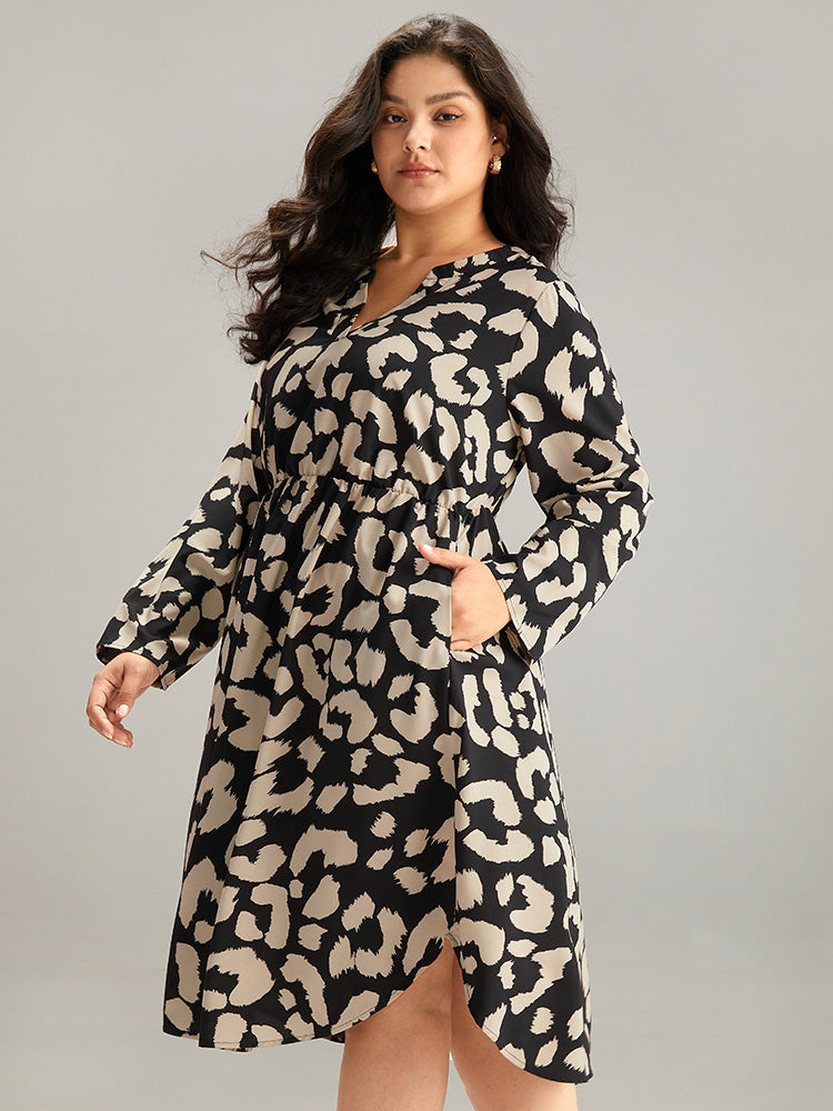 Geometric Pocket Elastic Waist Arc Hem Dress