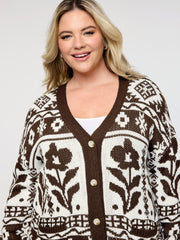 Floral Pattern Pockets Button Knit Cardigan