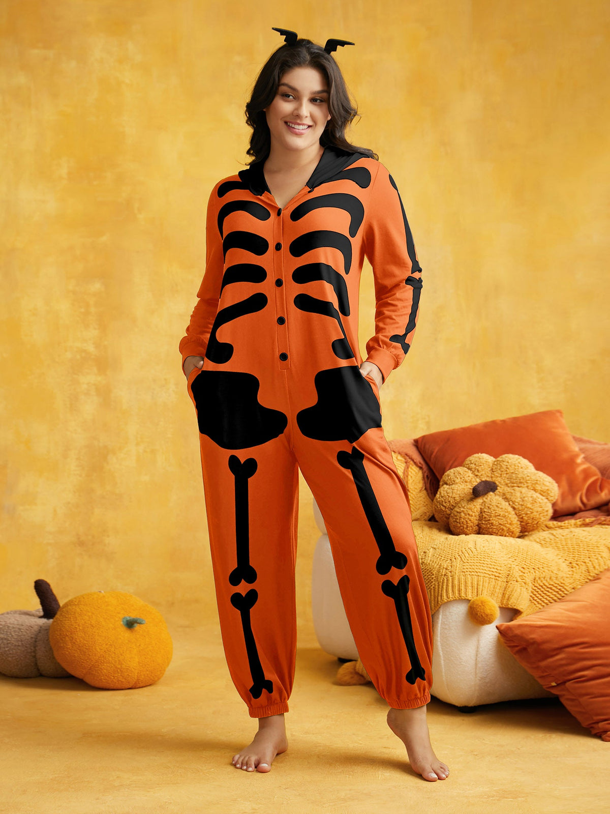 Skeleton Printed Button-Up Hooded Lounge Jumpsuit