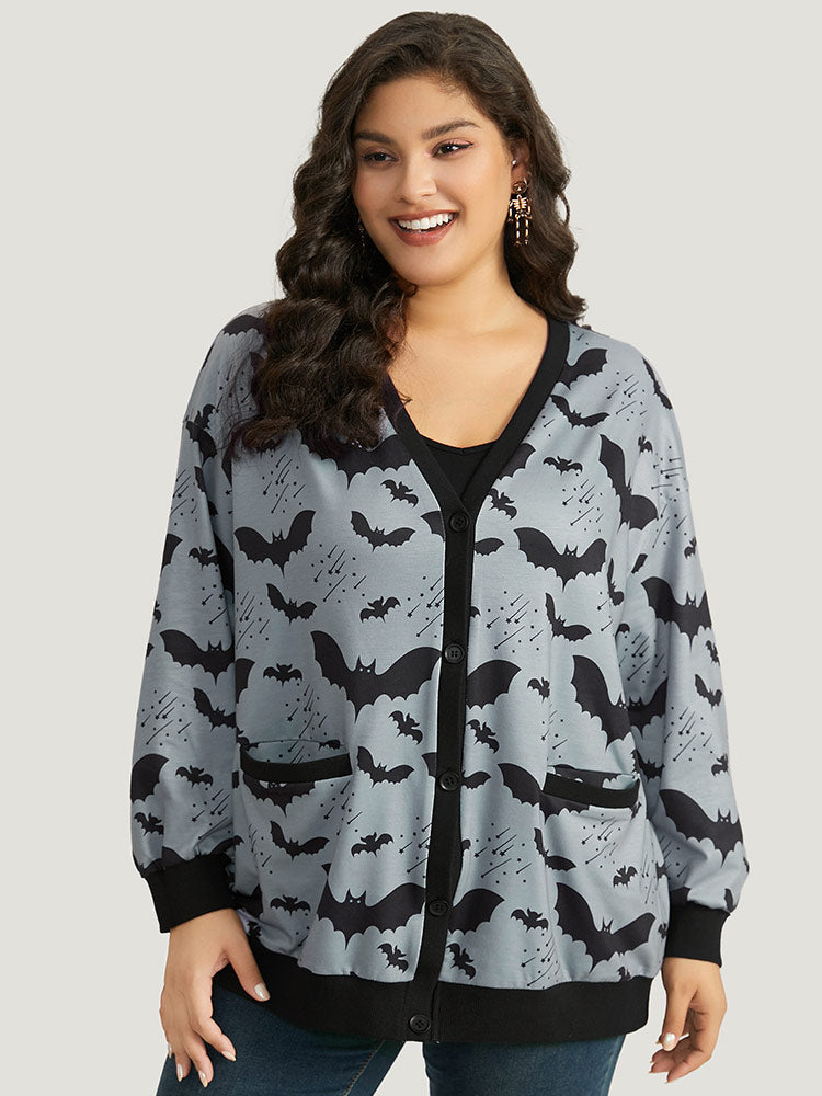 Halloween Bat Print Pocket Button Up Rib Knit Coat