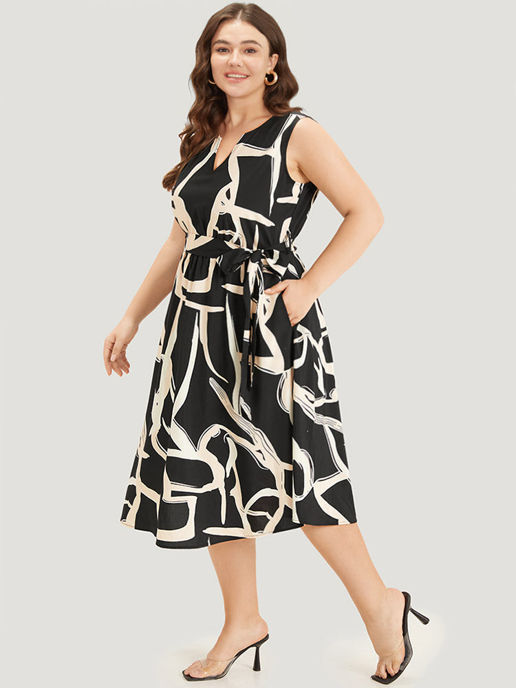 Geometric Print Pocket Notched Belted Tank Dress