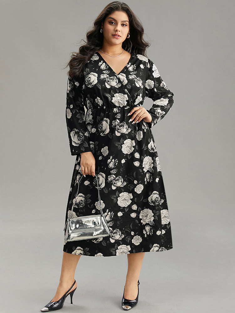 Floral Print Pocket Elastic Waist Wrap Dress