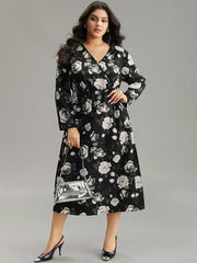 Floral Print Pocket Elastic Waist Wrap Dress