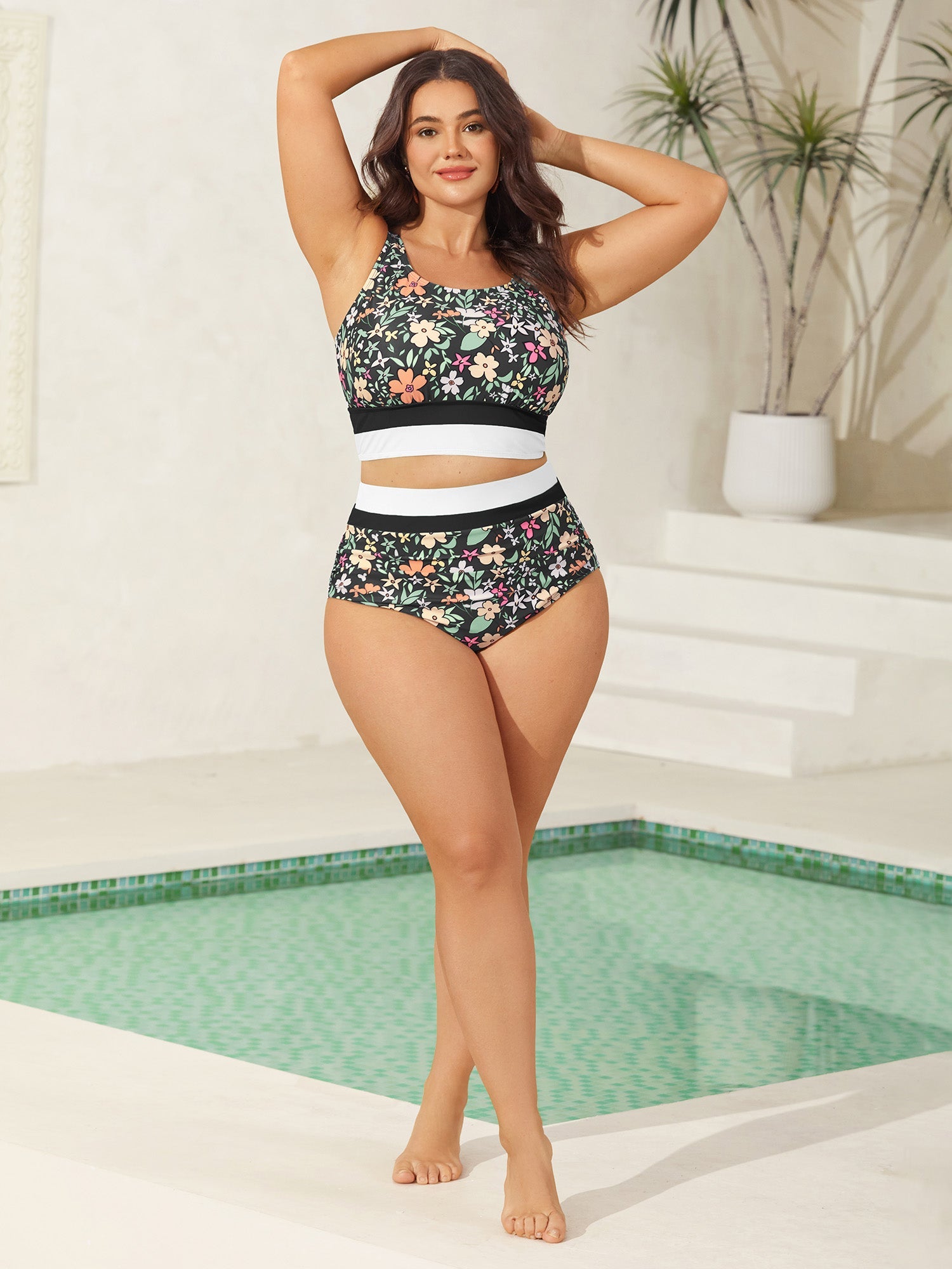 Floral Print Color Contrast Swim Bottoms