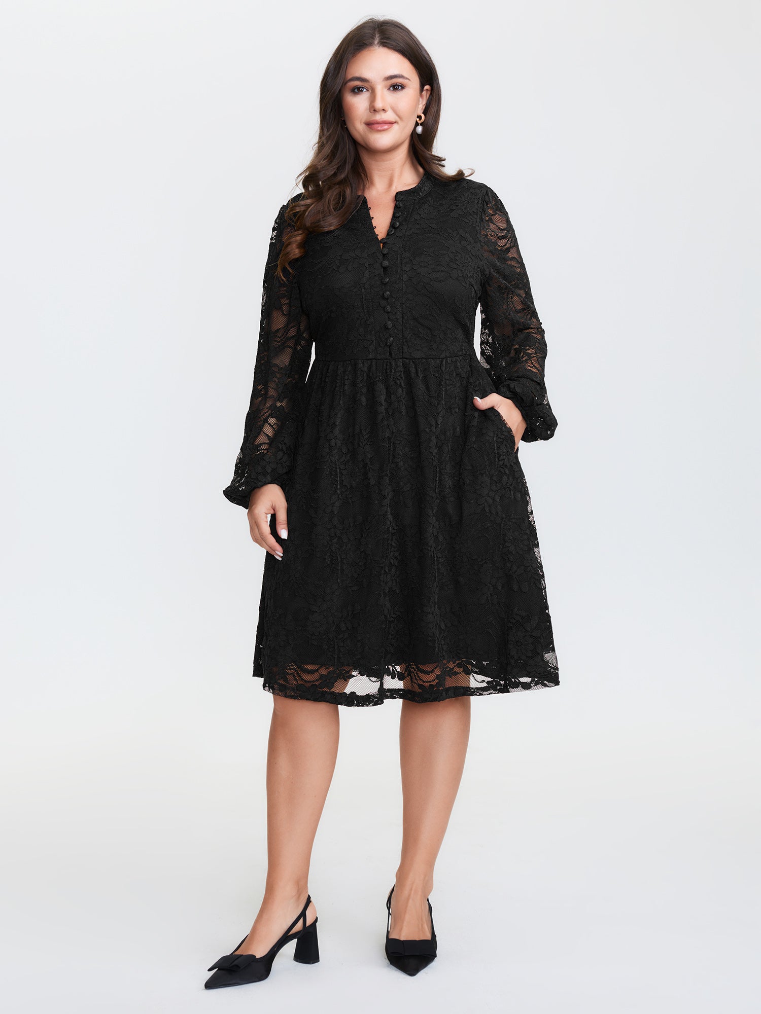 Sheer Lace Sleeve Waist-Defining Midi Dress