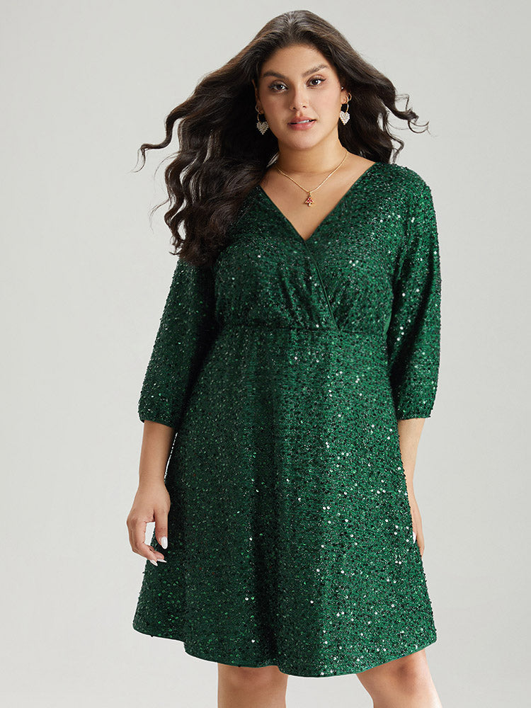 Sequin Overlap Collar Elastic Waist Knee Dress
