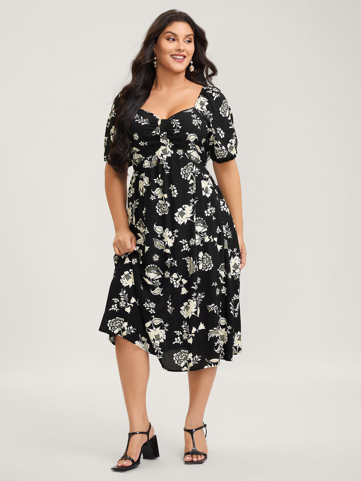 Floral Print Sweetheart Neck Midi Dress