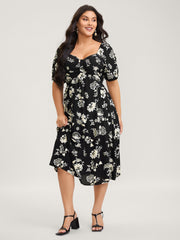 Floral Print Sweetheart Neck Midi Dress