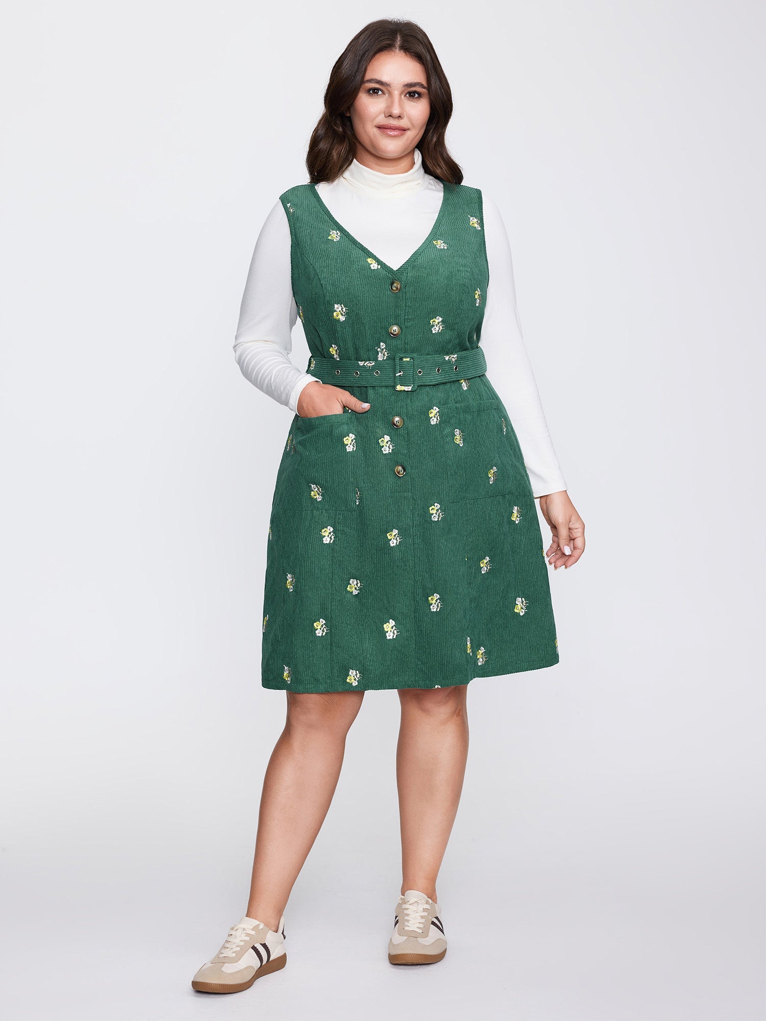 Floral Embroidered Belted Waist Midi Dress