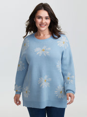 Floral Jacquard Color Contrast Pullover
