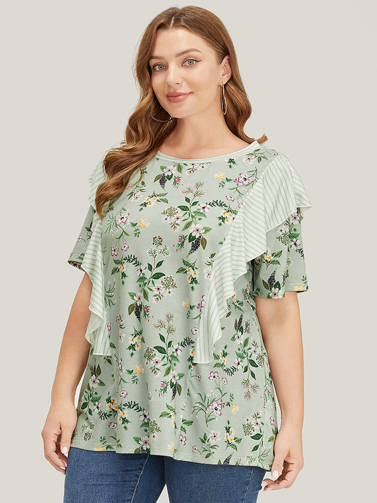 Floral Patchwork Round Neck Striped Ruffle Trim T-shirt