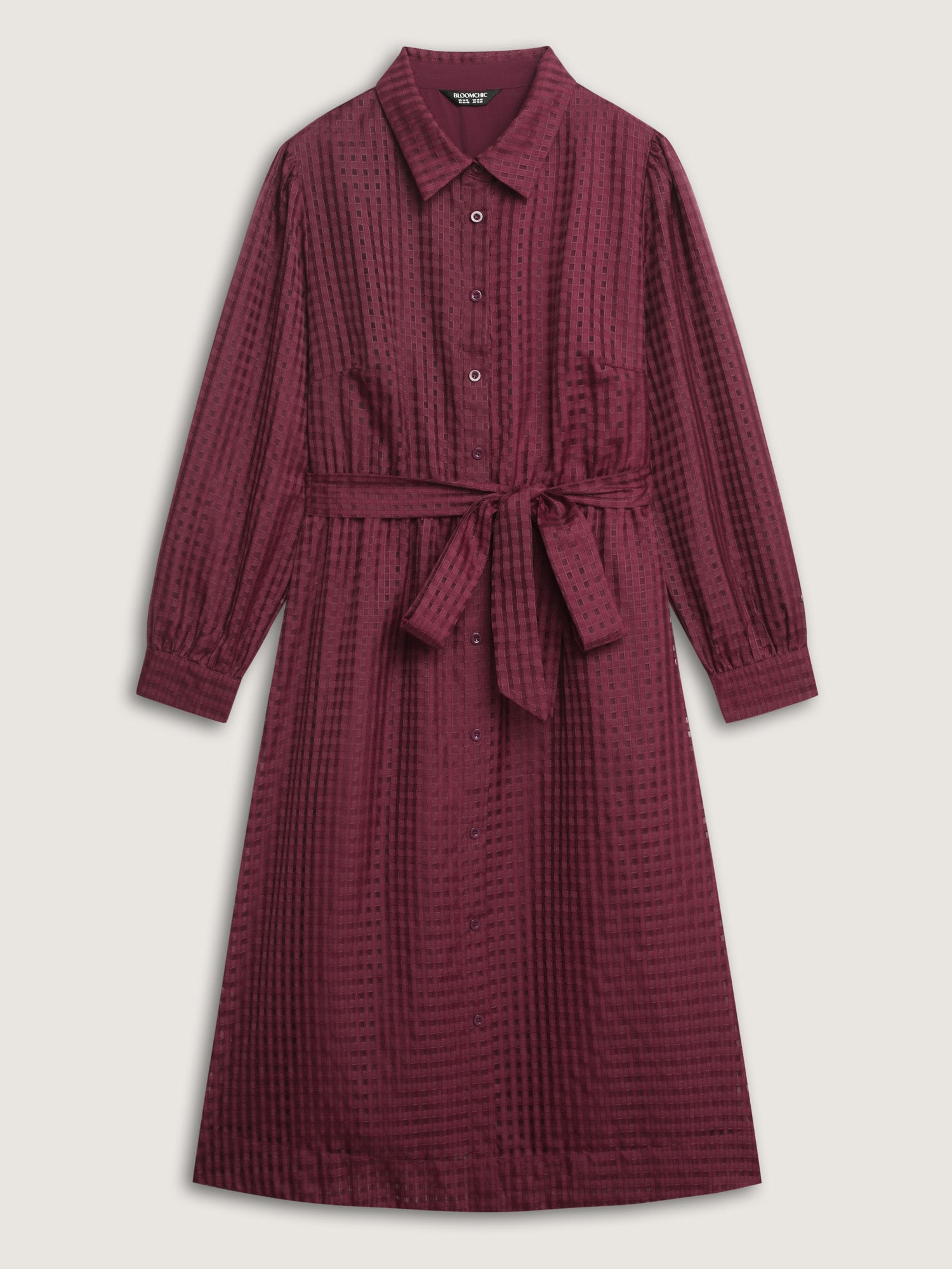 Belted Waist Textured Shirt Midi Dress