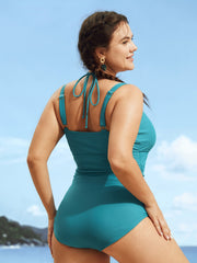 Solid Ruched Shell Chain Detail One Piece Swimsuit