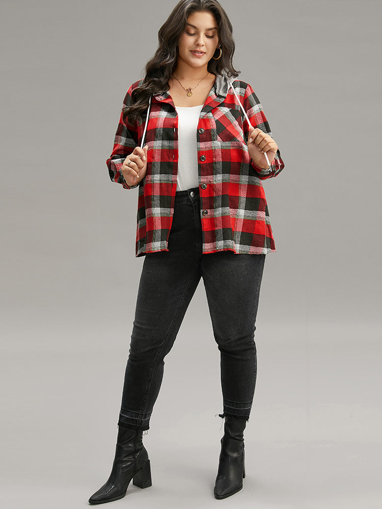 Plaid Patchwork Hooded Drawstring Button Through Jacket