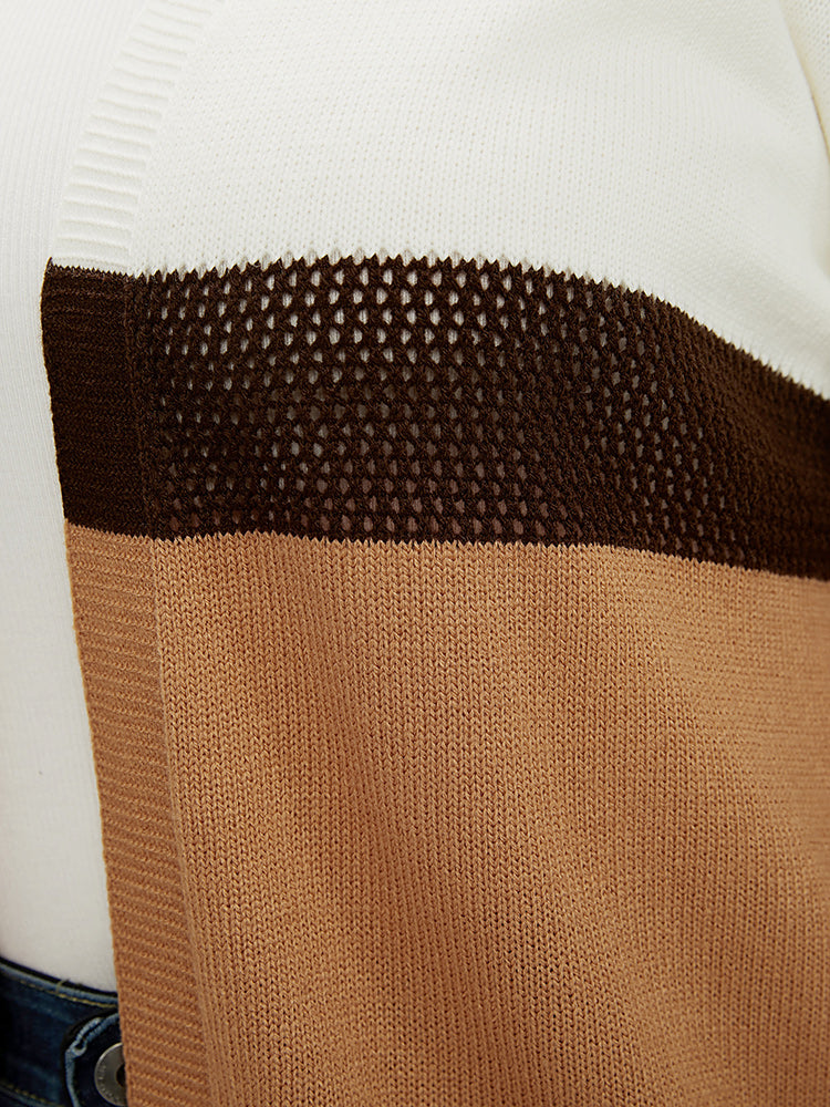 Colorblock Contrast Pointelle Knit Eyelet Open Front Cardigan