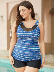 Striped Geometric Mesh Insert Ruched Drawstring  Tankini Top