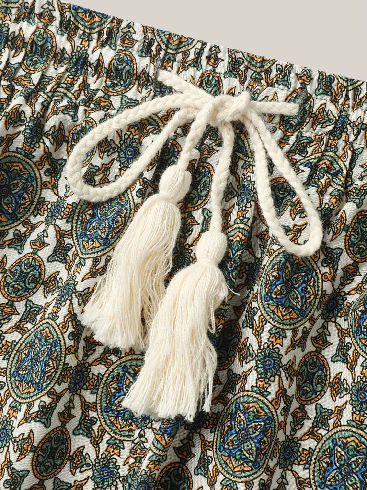 Boho Print Tassel Straight-Leg Shorts