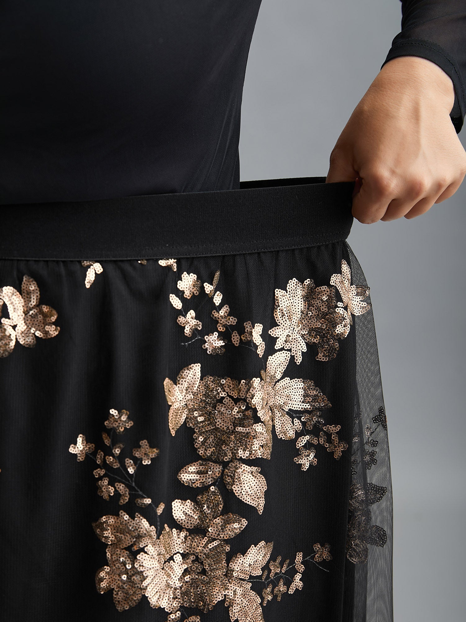 Sequin Floral Stretchy Waist Skirt