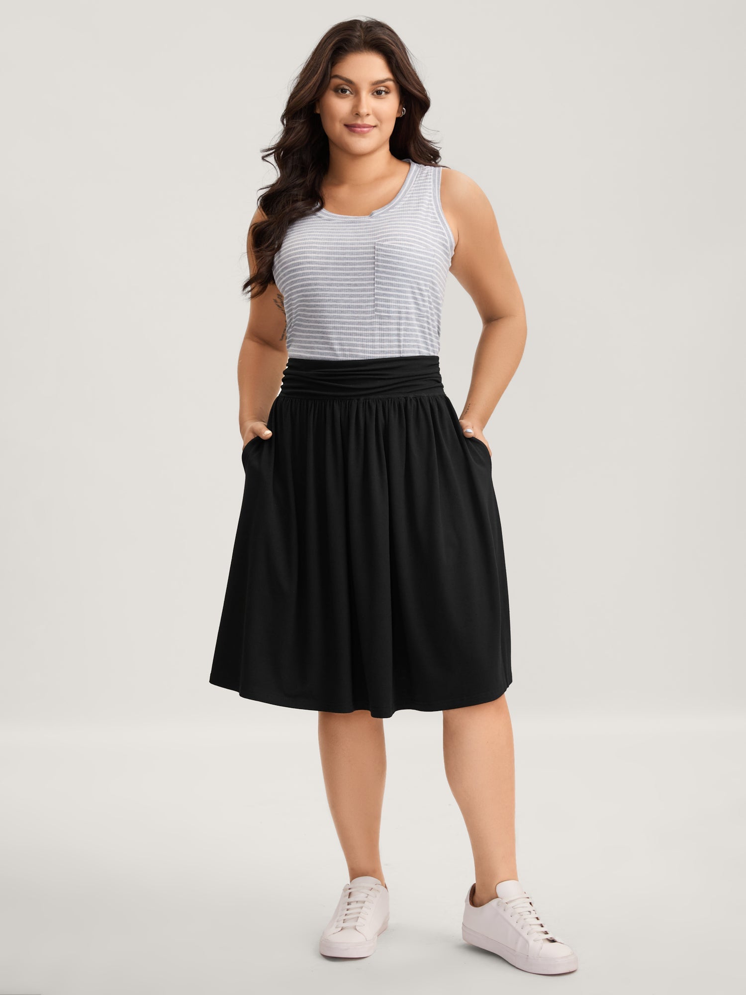 Ruched Waist Flowy Solid Midi Skirt