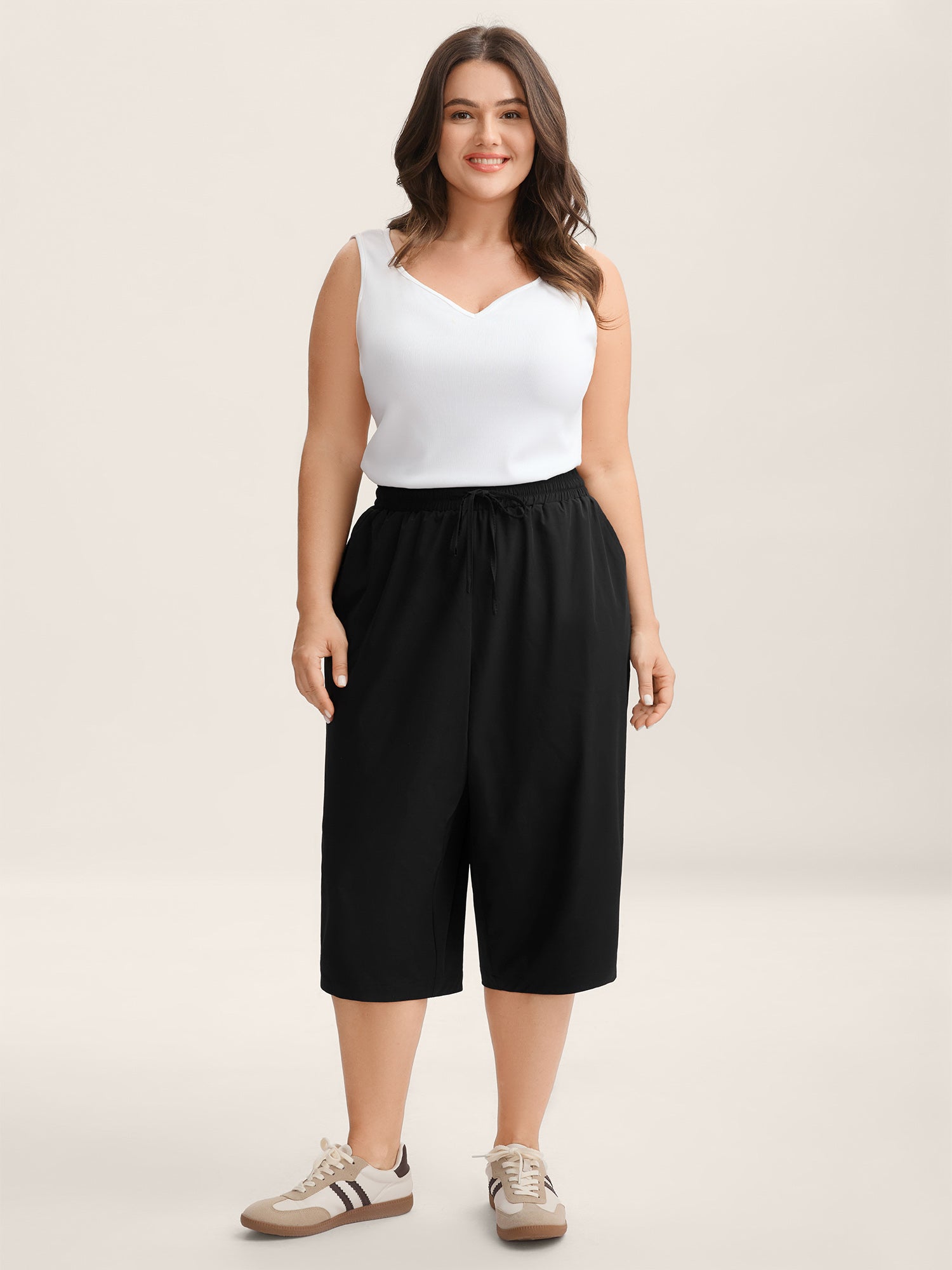 Shirred Waist Tie Straight-Leg Crop Pants