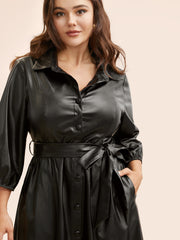 Shirt Collar PU Leather Belted Dress