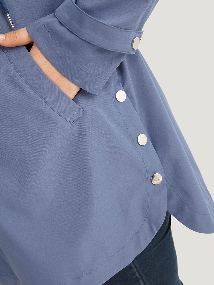 Plain Button Detail Hooded Drawstring Coat