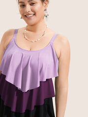 Colorblock Contrast Ruffle Layered Hem Tankini Top